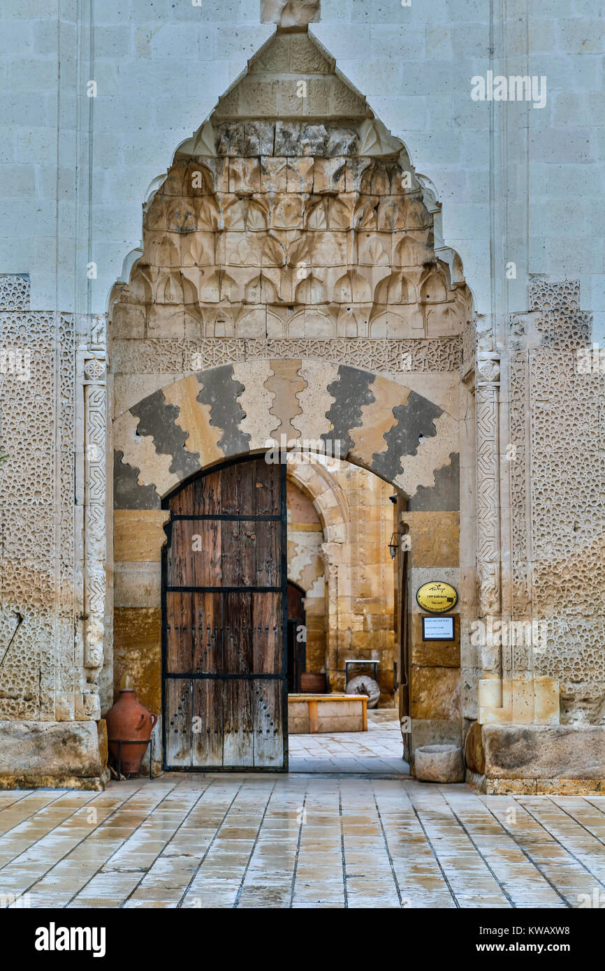 Eingang, Sarihan Karawanserei, Avanos, Kappadokien, Türkei Stockfoto