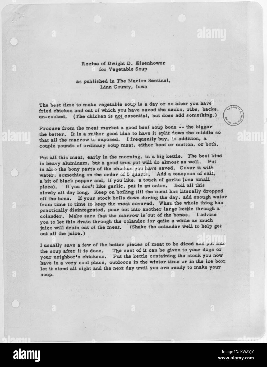 Präsident Eisenhower's Rezept für gemüsesuppe wie in der Marion Sentinel, 1953 veröffentlicht. Stockfoto