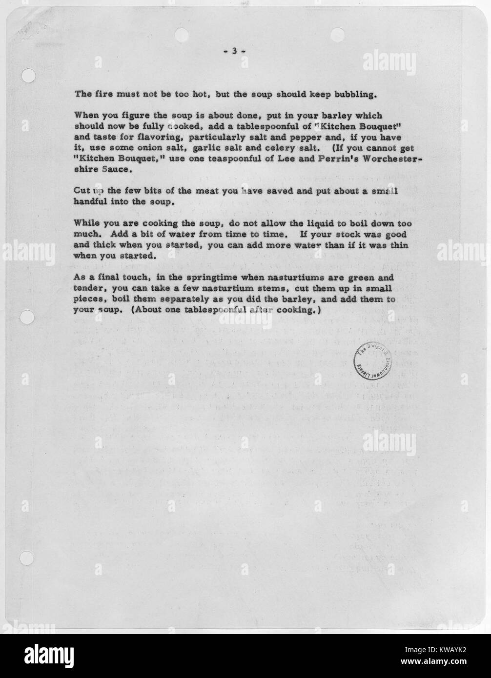 Präsident Eisenhower's Rezept für gemüsesuppe wie in der Marion Sentenel, 1953 veröffentlicht. Stockfoto