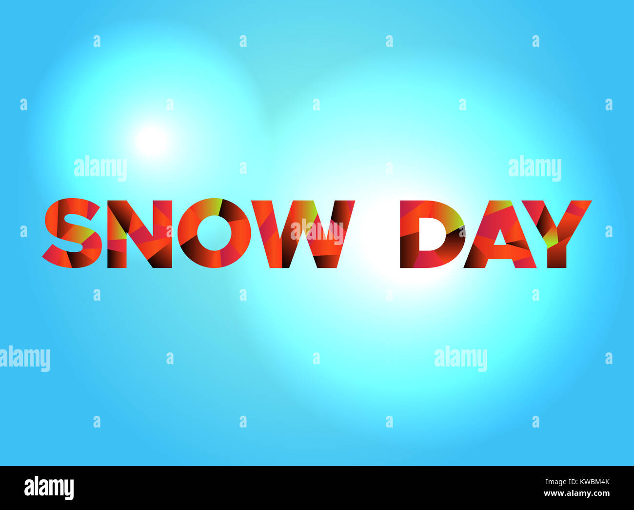 Die Worte Snow Day in bunten fragmentierten Wort Kunst, der auf einer lebhaften Hintergrund geschrieben. Vector EPS 10 zur Verfügung. Stockfoto
