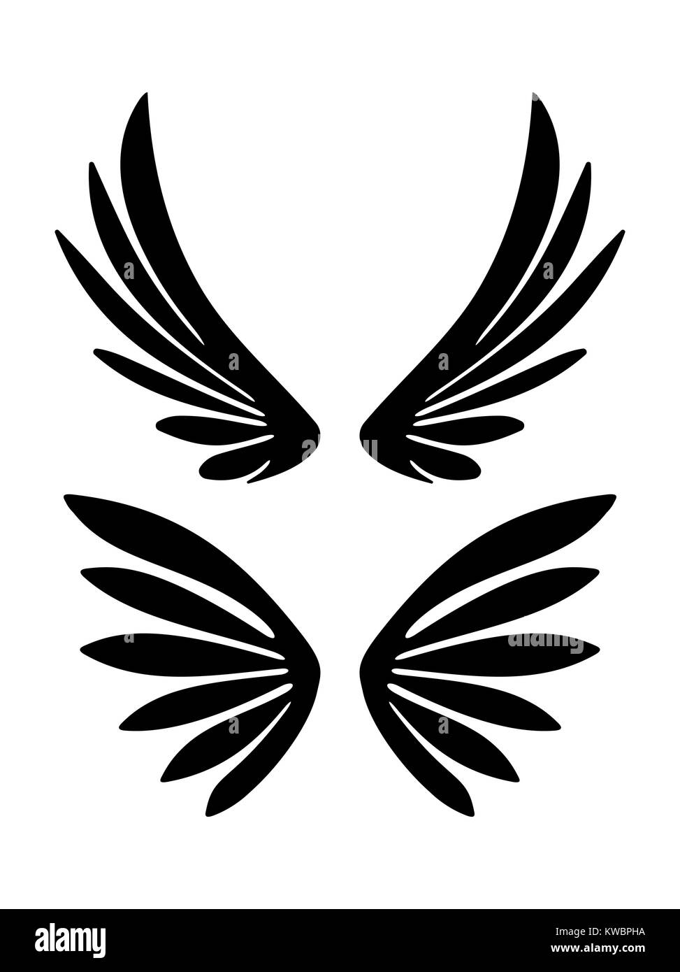 Zwei Paare von dekorativen Vektor Flügel auf weißem isoliert. Stock Vektor