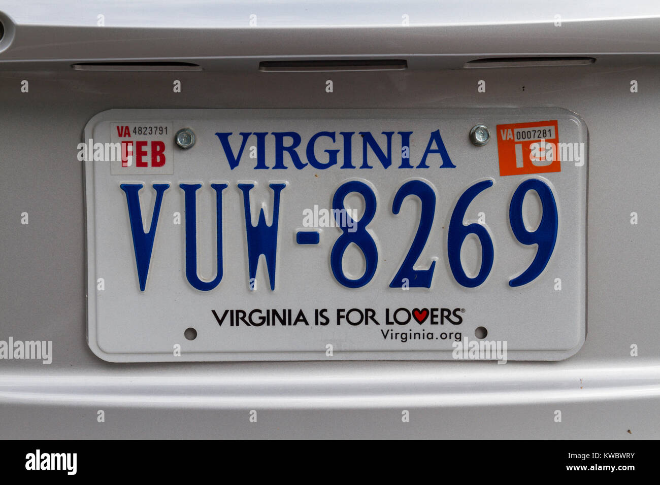 Nahaufnahme eines Virginia State Kennzeichen auf einem veicle in den Vereinigten Staaten. Stockfoto