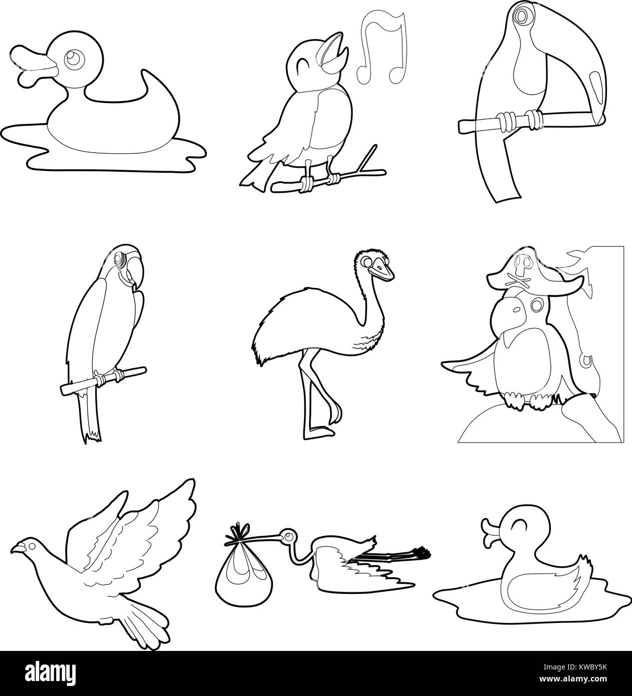 Vögel Icon Set, outline Style Stock Vektor