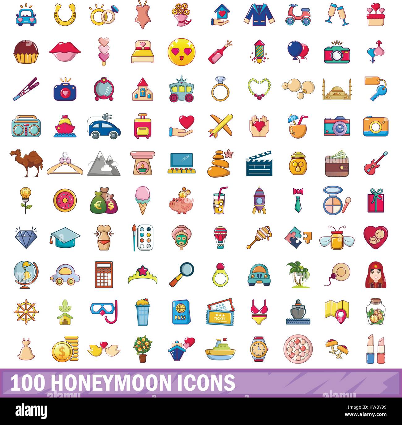 100 Flitterwochen Icons set, cartoon-Stil Stock Vektor