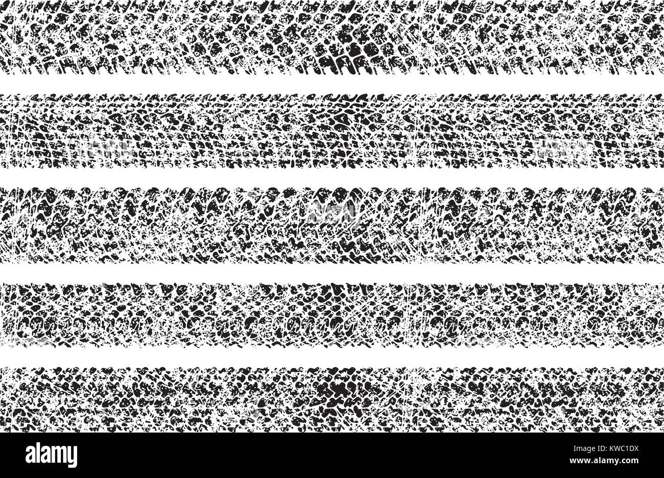 Satz von fünf schäbig, grunge Stil, schmutzige Vektor Spuren der Reifen. Stock Vektor