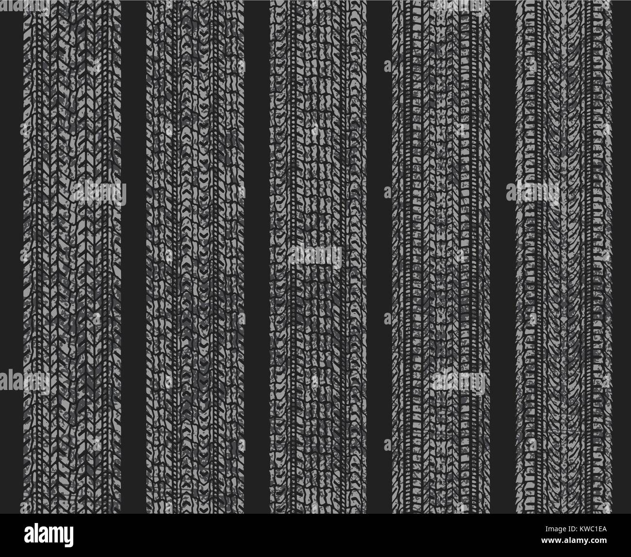 Satz von fünf schäbig, grunge Stil, schmutzige Vektor Spuren von Reifen auf einem schwarzen. Stock Vektor