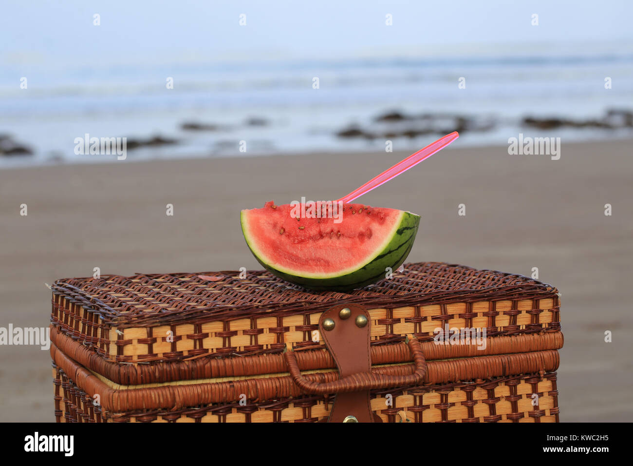 Wassermelone sitzen auf einem Picknickkorb Stockfoto