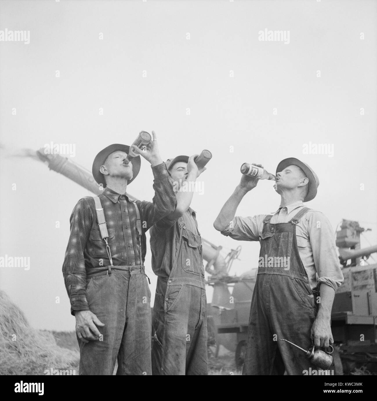 Die Landwirte Bier trinken während der Herbsternte in Jackson, Michigan. Herbst 1941. Im Hintergrund ist ein potenziell gefährliche Erntemaschine, das erfordert alert Arbeitnehmer. (BSLOC 2015 14 141) Stockfoto
