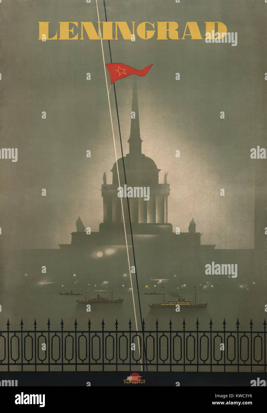 1950 Plakat für Leningrad, heute St. Petersburg reisen. Bild zeigt Russische Admiralty Building mit Schiffen auf der Newa. (BSLOC 2015 14 213) Stockfoto