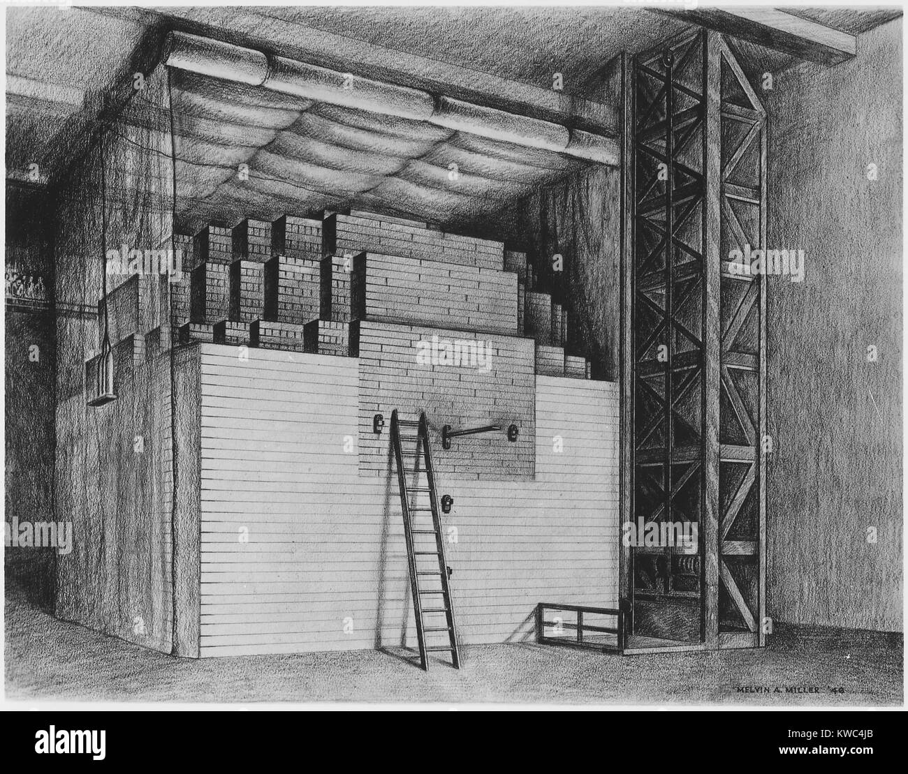 Ersten kernreaktor an der Universität von Chicago erreicht die erste sich selbst erhaltende Kettenreaktion. Dezember 2, 1942. Chicago Pile-1 (CP-1) wurde unter der Leitung der Physiker Enrico Fermi gebaut, in Zusammenarbeit mit der Leo Szilard. Im Jahr 1943 war es zerlegt und zusammengesetzt an der Palos Park Einheit des Argonne National Laboratory. Die Zeichnung ist von Melvin Miller, A., des Argonne National Laboratory. (BSLOC 2015 2 23) Stockfoto