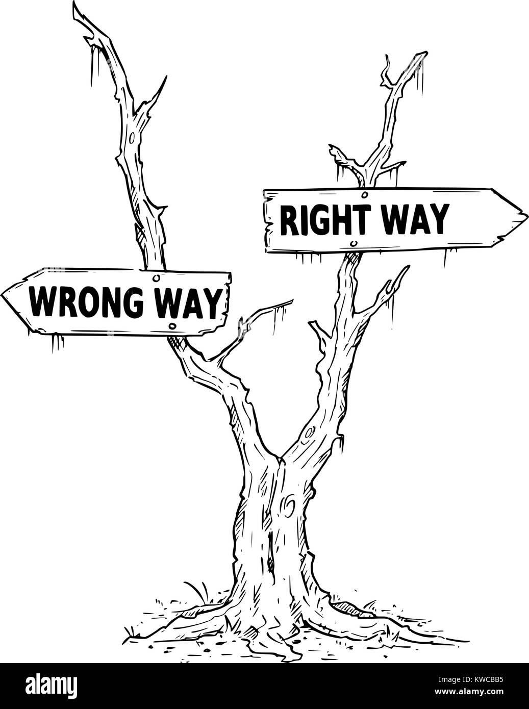 Vektor Zeichnung der Toten Sumpf oder Baum Wüste mit falschen und richtigen Weg unternehmerische Entscheidung Pfeil Zeichen. Stock Vektor