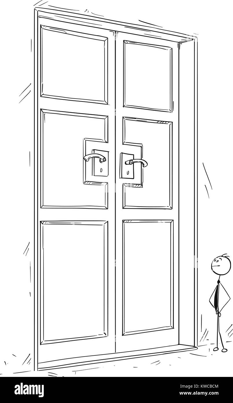Cartoon stick Mann Zeichnung konzeptuelle Abbildung: business Mann, der vor der großen Tür geschlossen. Konzept der Suche nach der Lösung des Problems. Stock Vektor