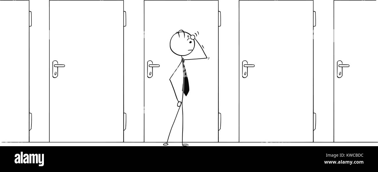 Cartoon stick Mann Zeichnung konzeptuelle Abbildung: Geschäftsmann Auswahl von vielen Optionen, die die Tür. Stock Vektor