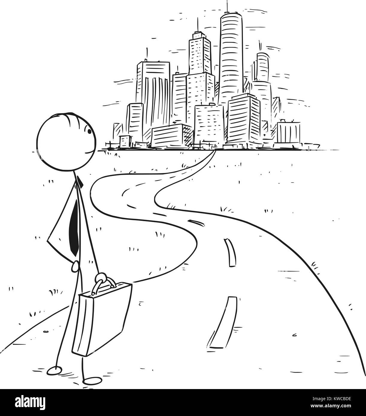 Cartoon stick Mann Zeichnung konzeptionelle Darstellung der Geschäftsmann auf dem Weg in die große Stadt oder große Welt Karriere. Konzept der Weg zu Suc Stock Vektor Cartoon stick Mann Zeichnung konzeptionelle Darstellung der Geschäftsmann auf dem Weg in die große Stadt oder große Welt Karriere. Konzept der Weg zu Suc Stock Vektor