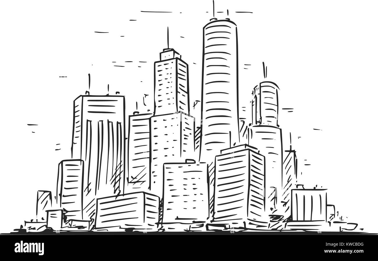Vektor cartoon Sketchy hand Zeichnung Abbildung: Stadt Hochhaus Wolkenkratzer das Stadtbild Landschaft mit Gebäuden. Stock Vektor
