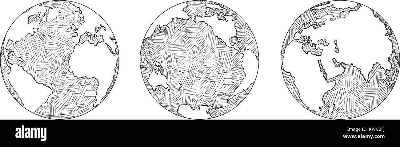 Cartoon hand Zeichnung Abbildung: Drei Ansichten des Planeten Erde Globus. Stock Vektor