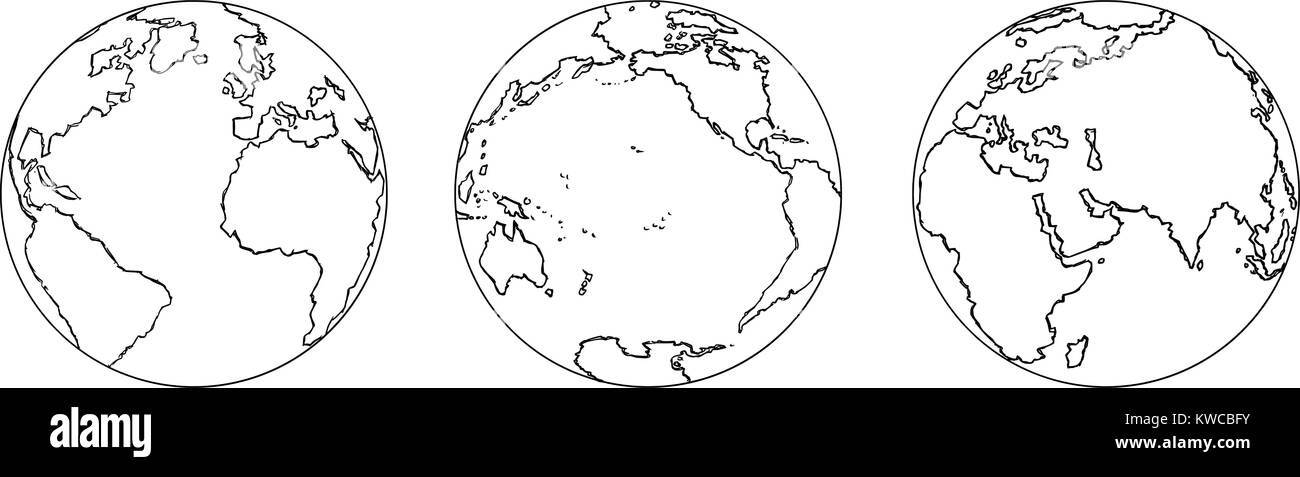 Cartoon hand Zeichnung Abbildung: Drei Ansichten des Planeten Erde Globus. Stock Vektor