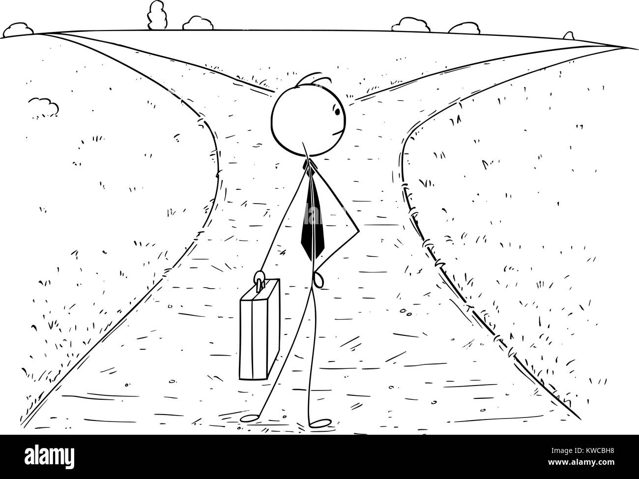 Cartoon stick Mann Zeichnung Abbildung: Geschäftsmann steht auf der Kreuzung und die Wahl oder Entscheidung. Konzept der Business career opportunitie Stock Vektor