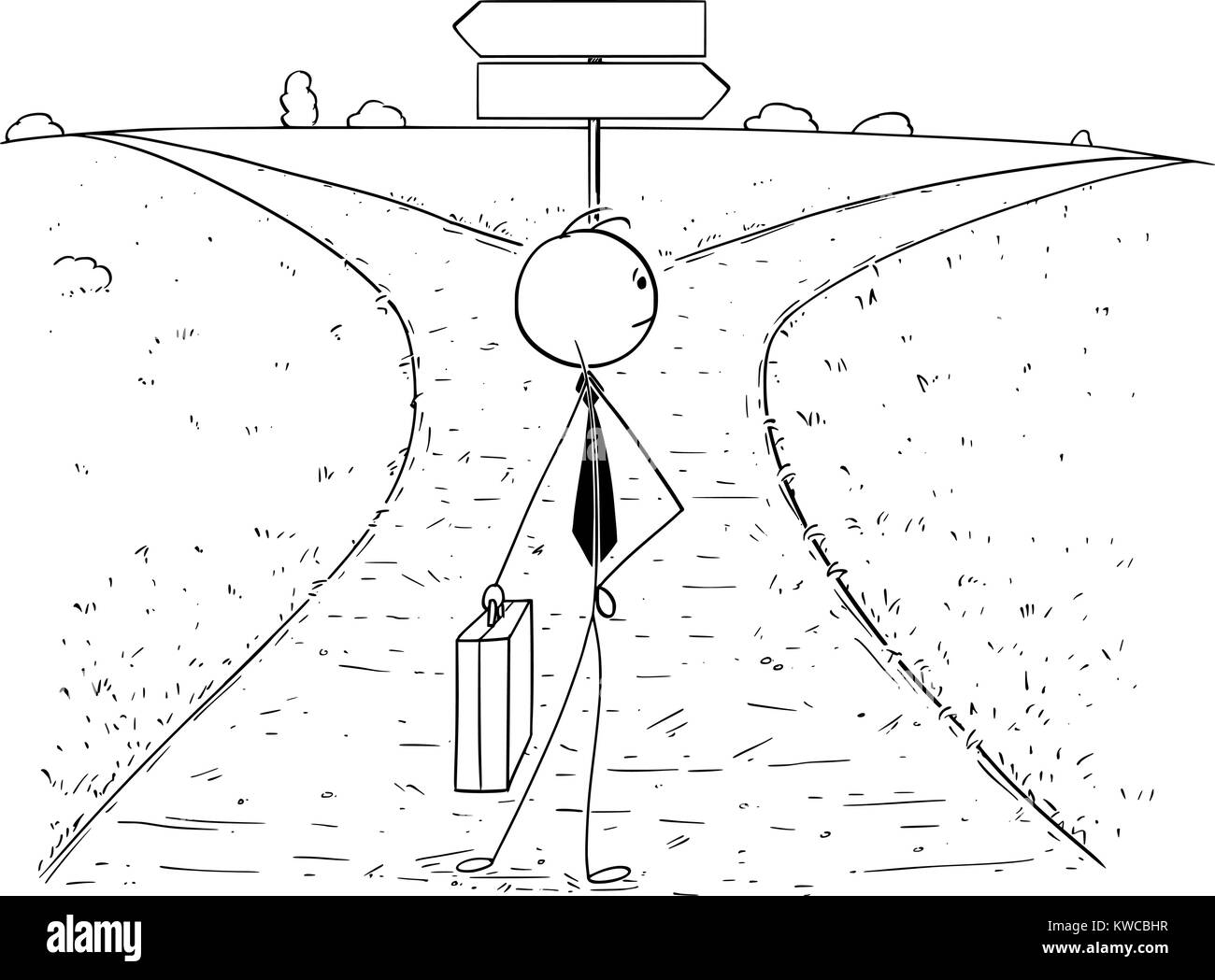 Cartoon stick Mann Zeichnung Abbildung: Geschäftsmann auf der Kreuzung mit der leer Leer Pfeil Zeichen und die Wahl oder Entscheidung. Konzept o Stock Vektor