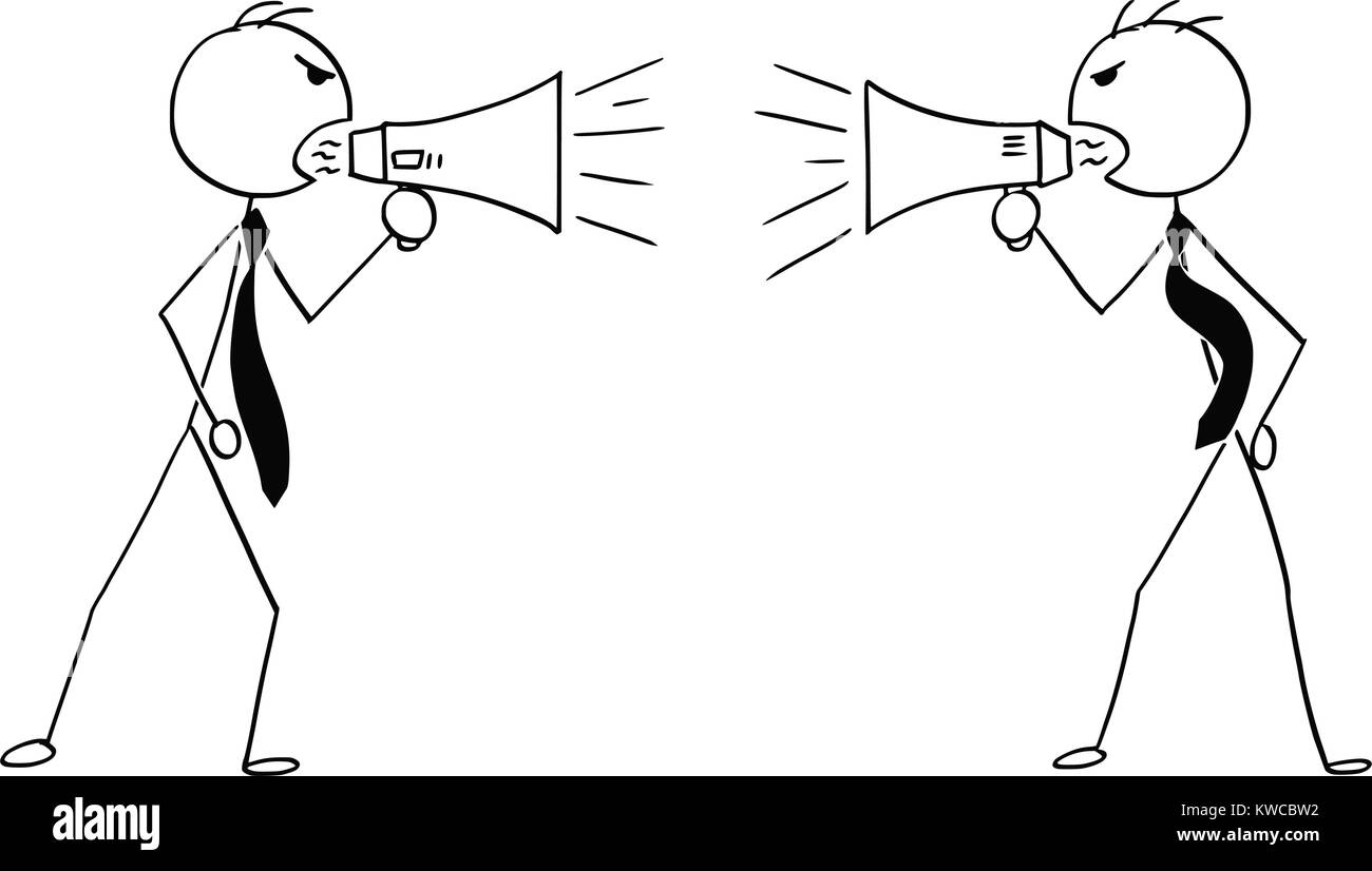 Cartoon stick Mann Zeichnung konzeptuelle Darstellung von zwei verärgerte Geschäftsleute mit Megaphon, miteinander zu sprechen. Stock Vektor