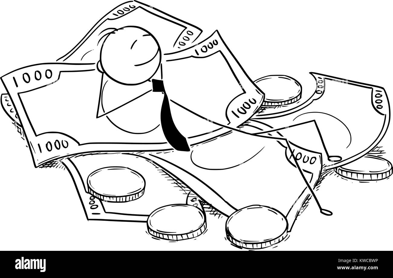 Cartoon stick Mann Zeichnung konzeptuelle Abbildung: Geschäftsmann genießen liegen auf Haufen Geld, Münzen und Banknoten. Konzept der Business Financial s Stock Vektor