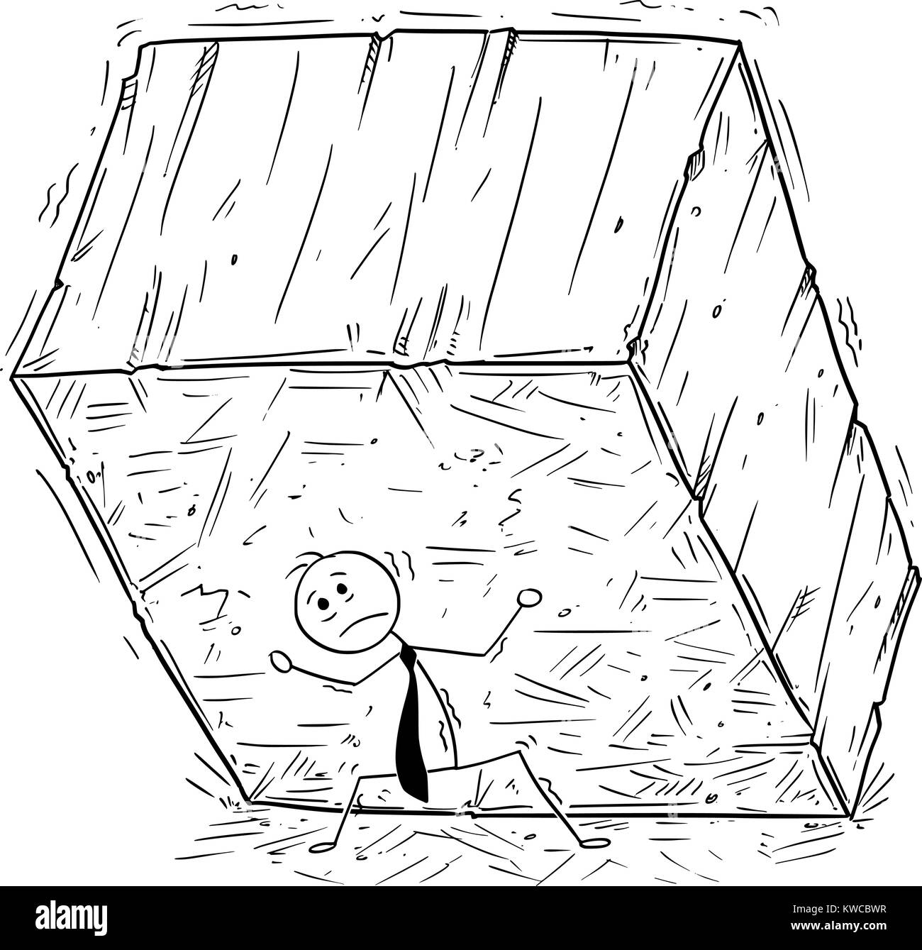 Cartoon stick Mann Zeichnung konzeptuelle Abbildung: Geschäftsmann Durchführung oder Unterstützung von Big Block aus Stein des Rock. Konzept der Business Stress von Ta Stock Vektor