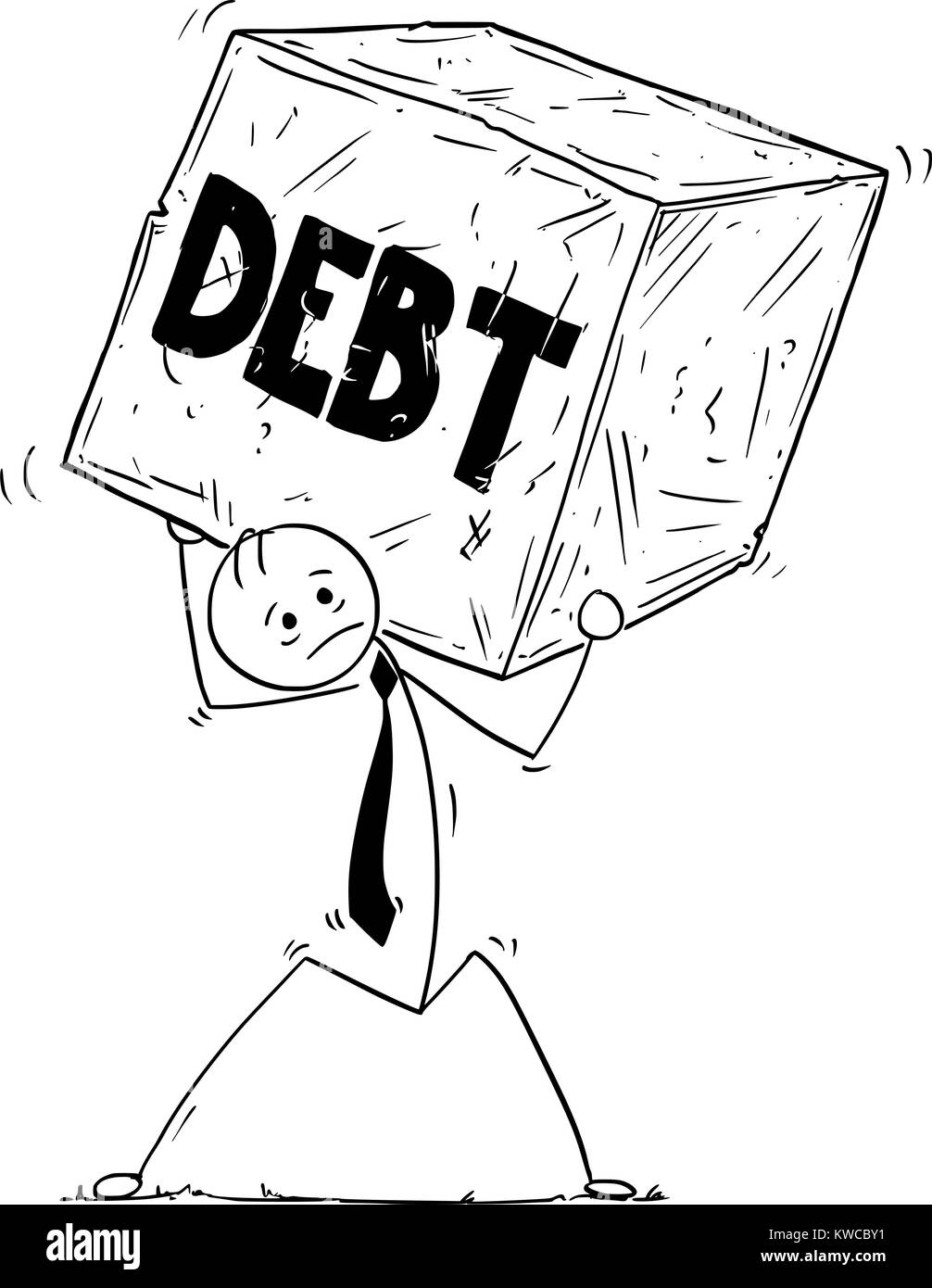 Cartoon stick Mann Zeichnung konzeptuelle Abbildung: Geschäftsmann, Big Block aus Stein des Rock. Konzept der Business Stress von Schulden. Stock Vektor