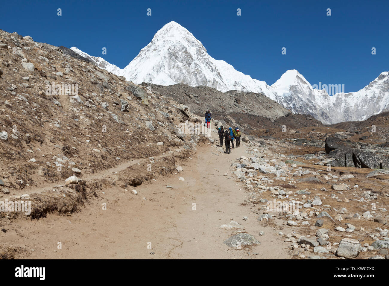 Himalaya, Nepal, 5 Nov 2017 - Spektakuläre Aussicht auf die schneebedeckten Gipfel des Himalaya - Pumori (7161 m), Lingtren (6749 m) und Khumbutse (6636m) und Lho La Stockfoto