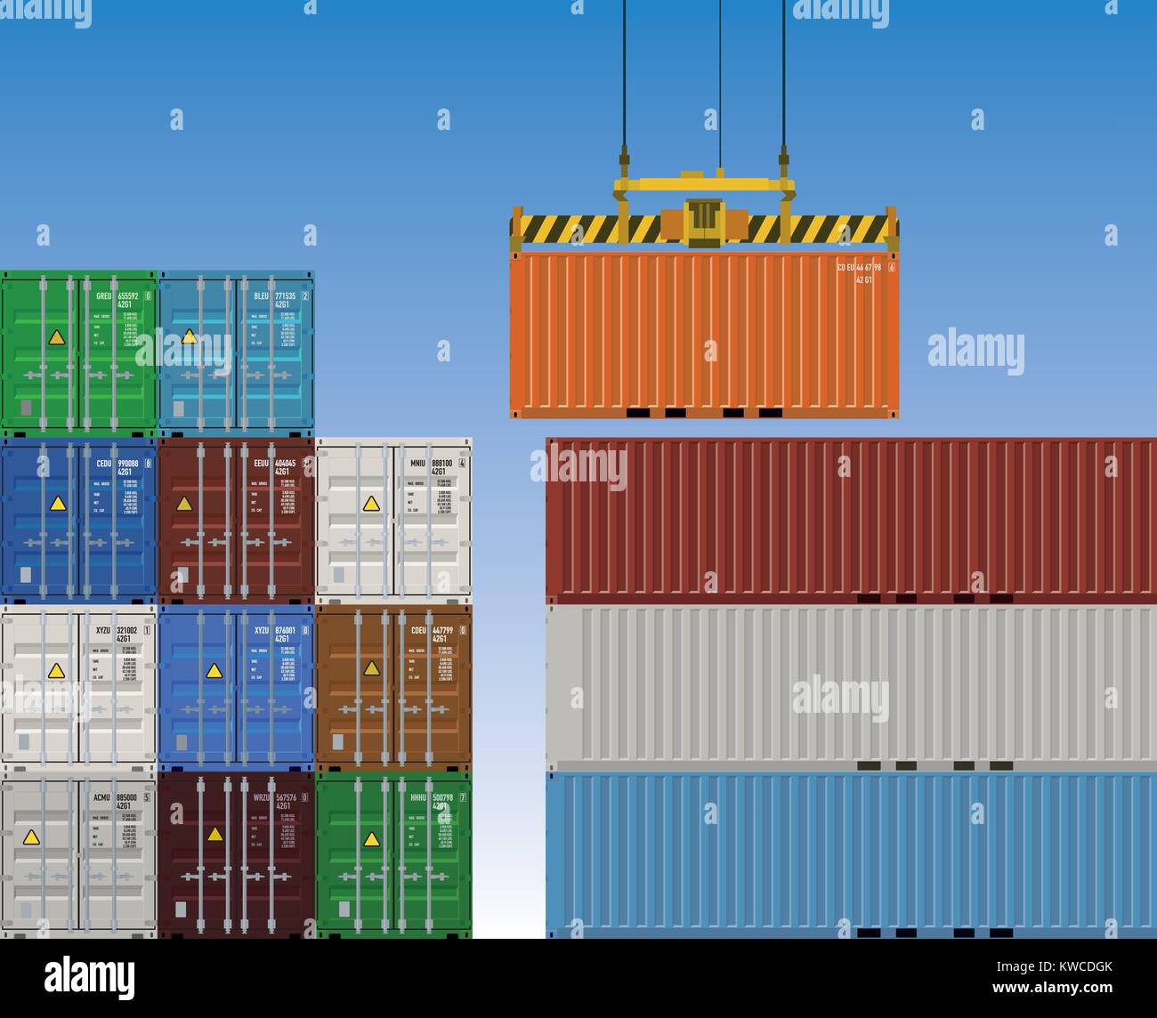 Kranverladung Cargo Container über hohe Stapel Vector Illustration. Stock Vektor