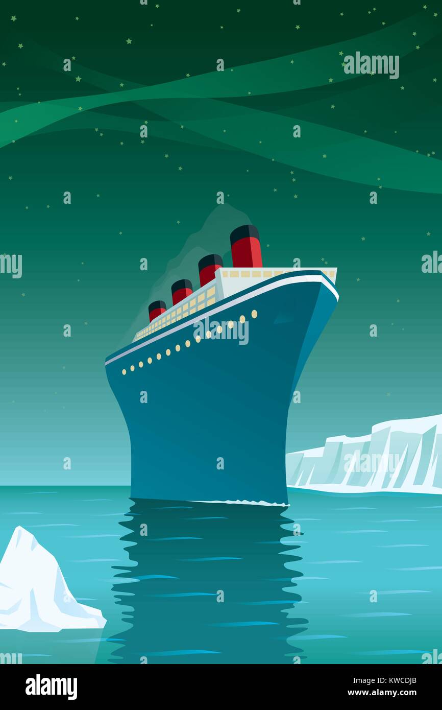 Vintage Style Vector Illustration von riesigen Kreuzfahrtschiff mit Eisberge auf dem Arktischen Ozean unter Northern lights Stock Vektor