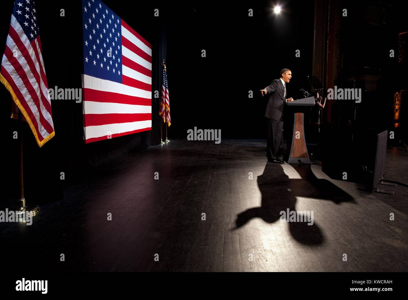 Präsident Barack Obama spricht an der Apollo Theater in New York City, Jan. 19, 2012. Erschien er an eine Kampagne Benefizkonzert mit der Überschrift von Al Green und India Arie. (BSLOC 2015 3 15) Stockfoto
