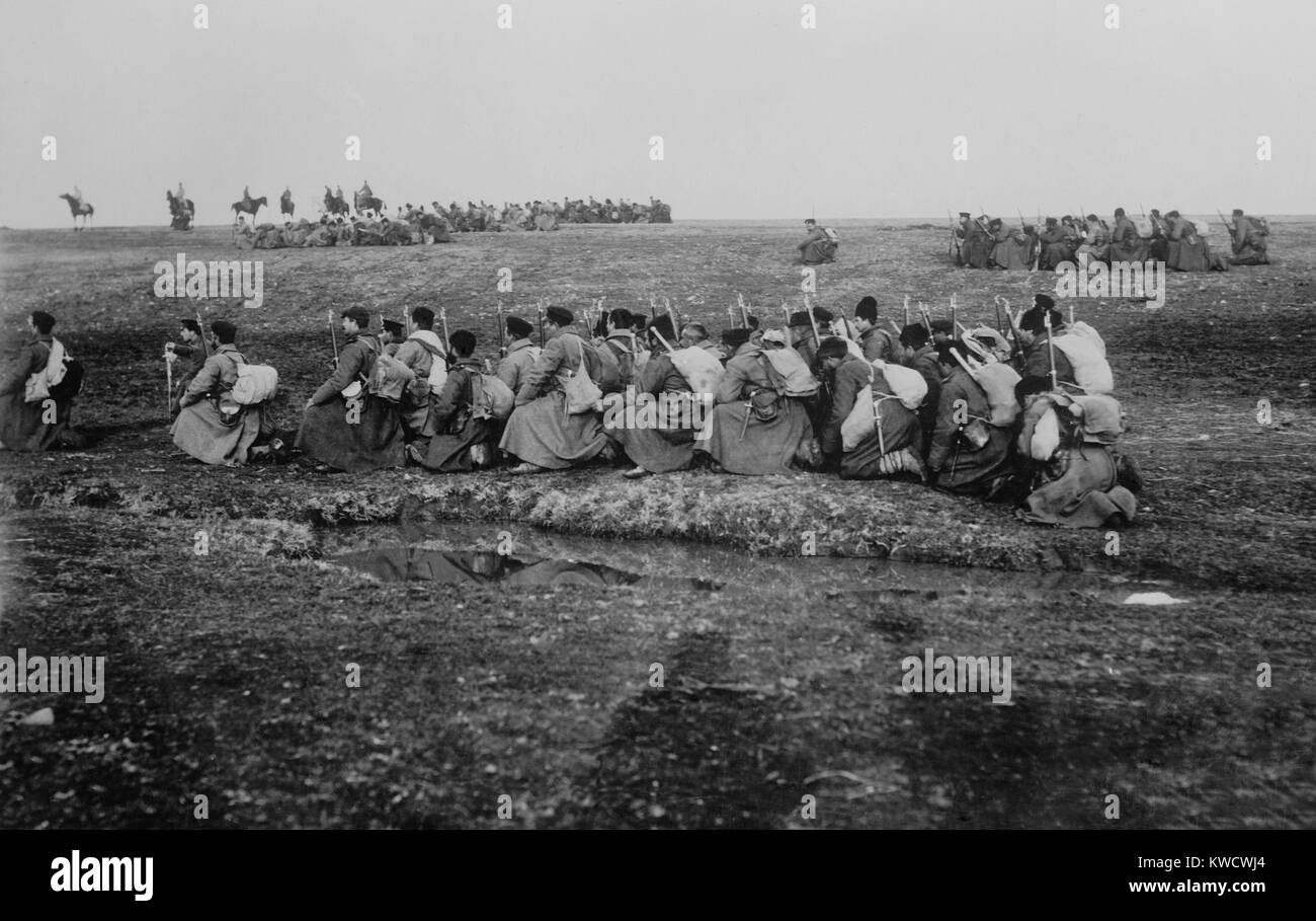 Belagerung von Osmanischen Adrianopel (Edirne) von Bulganian und serbischen Streitkräfte, Nov. 3, 1912 - März 26, 1913. Bulgarischen Truppen in Kartal Teji nach Adrianopel (BSLOC 2017 1 140) Stockfoto