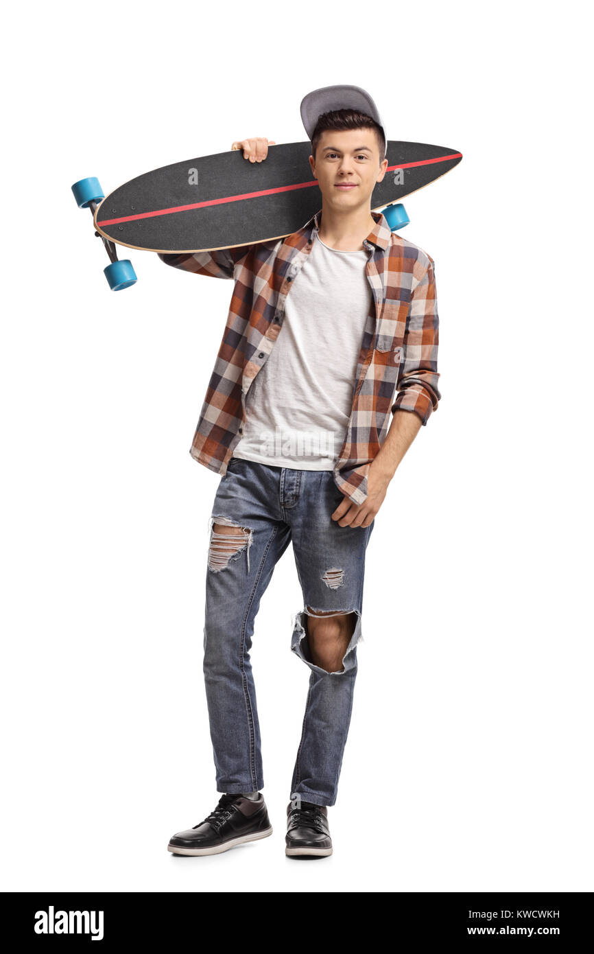 In voller Länge Porträt eines Jugendlichen Hipster mit einem Longboard auf weißem Hintergrund Stockfoto