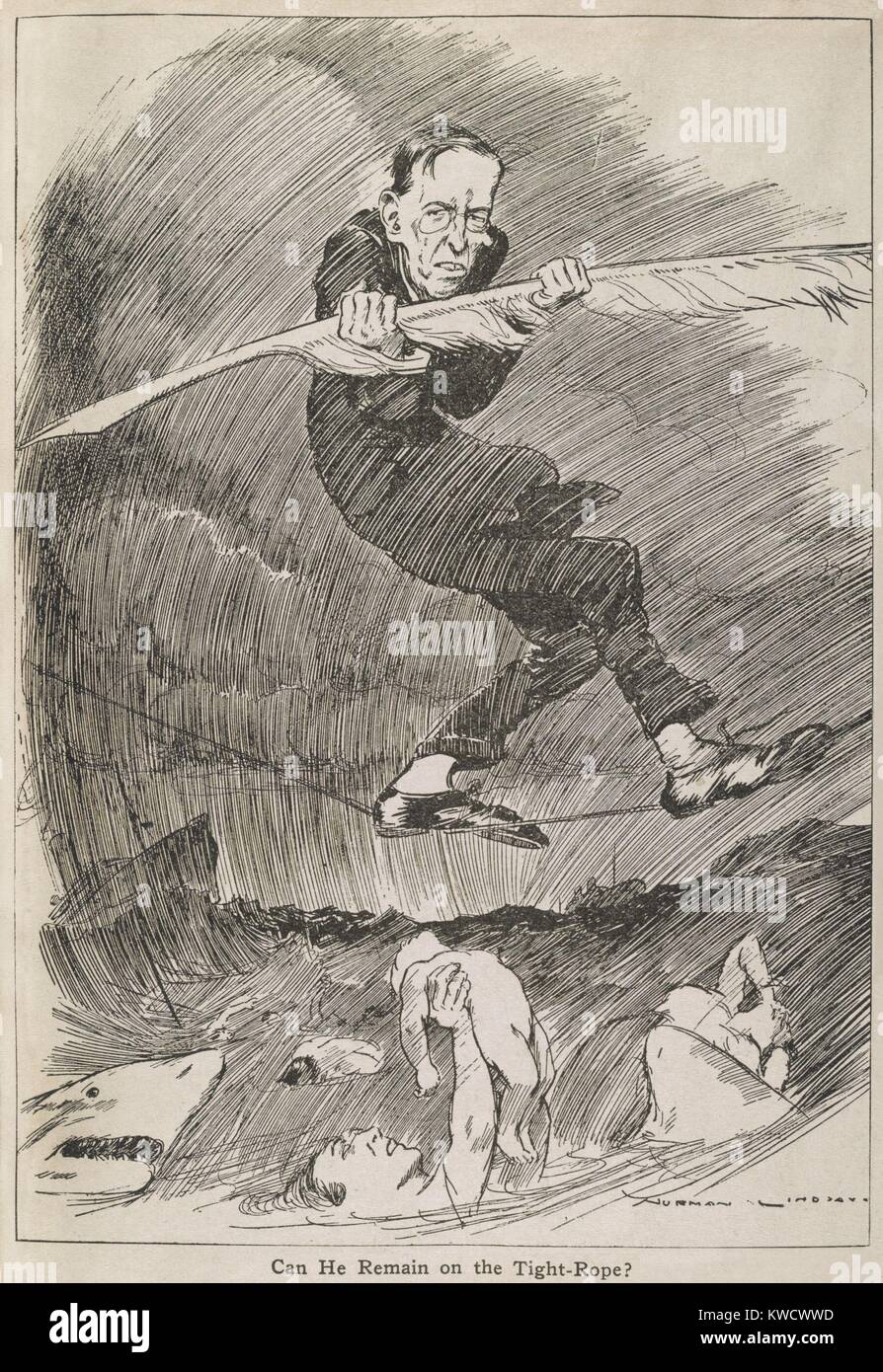 Kann ER AUF DEN ENGEN - Seil bleiben? Präsident Woodrow Wilson Balancing mit einem Federkiel, auf einem Seil über einem Hai befallene Atlantik und Opfer der deutschen U-Boot-Krieges. 1917 vom australischen Zeichner, Norman Lindsay (BSLOC 2017 1 36) Stockfoto