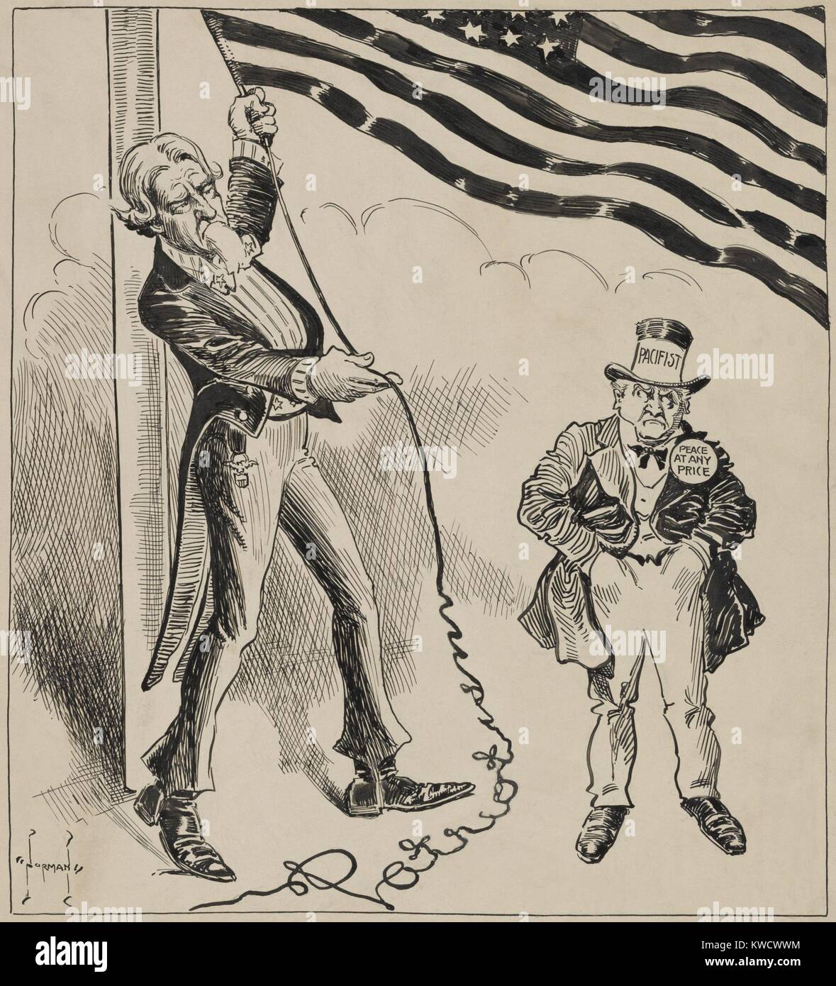 Zeit zu nehmen, HALTEN SIE SIE GEDRÜCKT. Pazifist trägt einen Frieden um jeden Preis", wird von Uncle Sam forderte ein Patriot zu sein und eine amerikanische Flagge. 1917 Zeichnung für eine Bereitschaft Bewegung Poster von Norman Ritchie (BSLOC 2017 1 39) Stockfoto