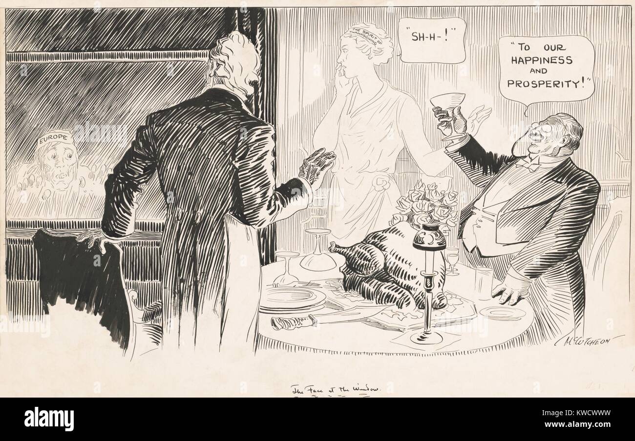 Das GESICHT AM FENSTER, zeigt die Europäer Leiden im Zweiten Weltkrieg 1 als Amerikaner gedeihen. Es zeigt zwei wohlhabende Männer Toasten auf Ihr Glück und Wohlstand zu einem Thanksgiving Mahlzeit. 1916 Zeichnung von John McCutcheon für eine politische Karikatur (BSLOC 2017 1 40) Stockfoto