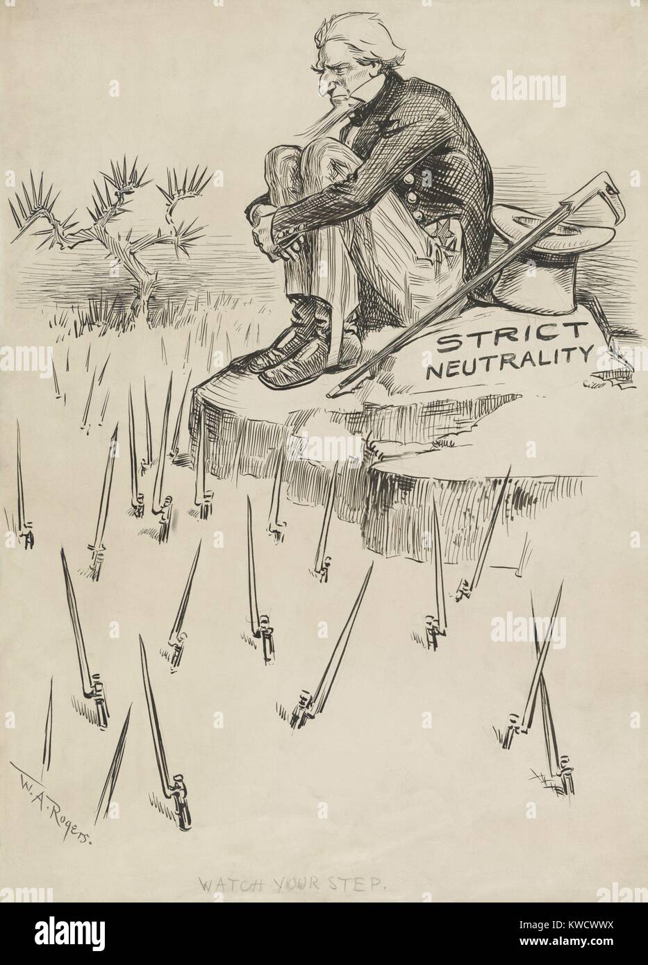Passen Sie Ihren Schritt, politische Karikatur eines strikt neutral Uncle Sam, 1914. Er sitzt auf einem Felsen mit Bajonetten aus dem Boden unter (BSLOC 2017 1 41) Stockfoto