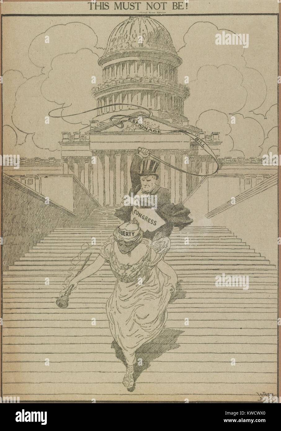 Das muss nicht sein! Weltkrieg 1 amerikanische politische Karikatur gegen die Spionage Rechnung. Freiheit steigt die Schritte des U.S. Capitol von Kongress jagten mit einer Peitsche beschriftet Spionage Rechnung. Karikatur von Winsor McCay, Mai 2, 1917 (BSLOC 2017 1 42) Stockfoto