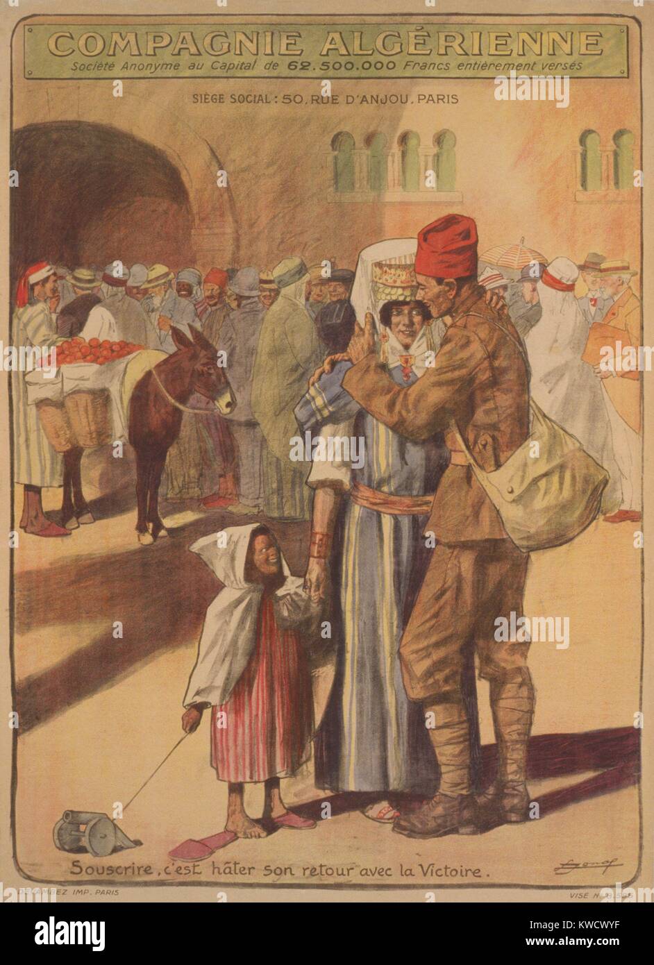 Firma ALGERISCHEN. Zu ABONNIEREN IST ZU BESCHLEUNIGEN seine Rückkehr mit Sieg. Französische Weltkrieg 1 Fundraising Poster an die französische Kolonie Algerien, 1918 (BSLOC 2017 1 62) Stockfoto