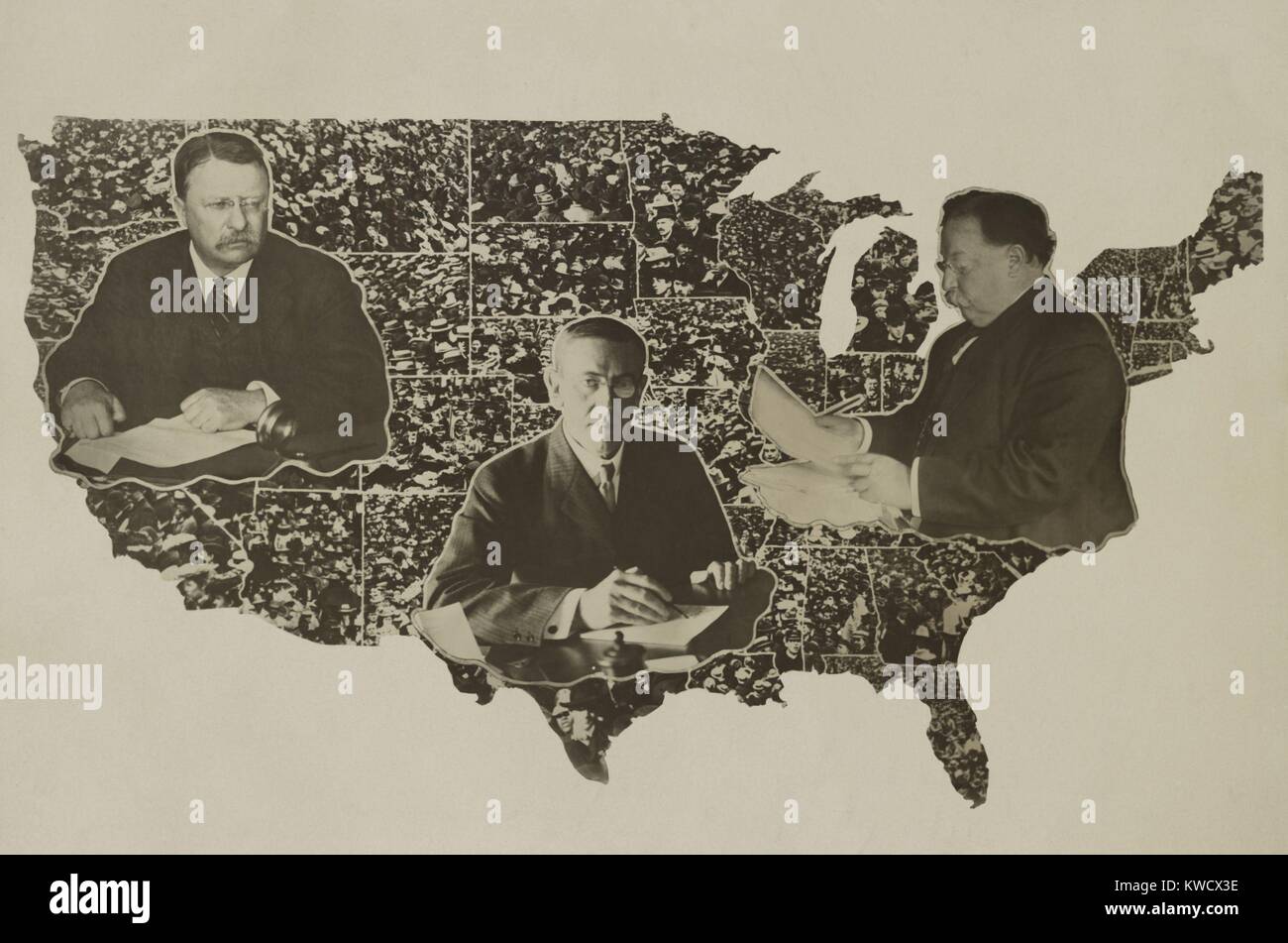 Porträts von Theodore Roosevelt, Woodrow Wilson und William Taft, auf einer Karte von uns im Jahr 1912. Fehde zwischen Roosevelt und Taft split die Republikanische stimmen, so dass Wilson der Sieger mit 435 von 531 Stimmen und 41,8 % der Stimmen (BSLOC 2017 2 133) Stockfoto