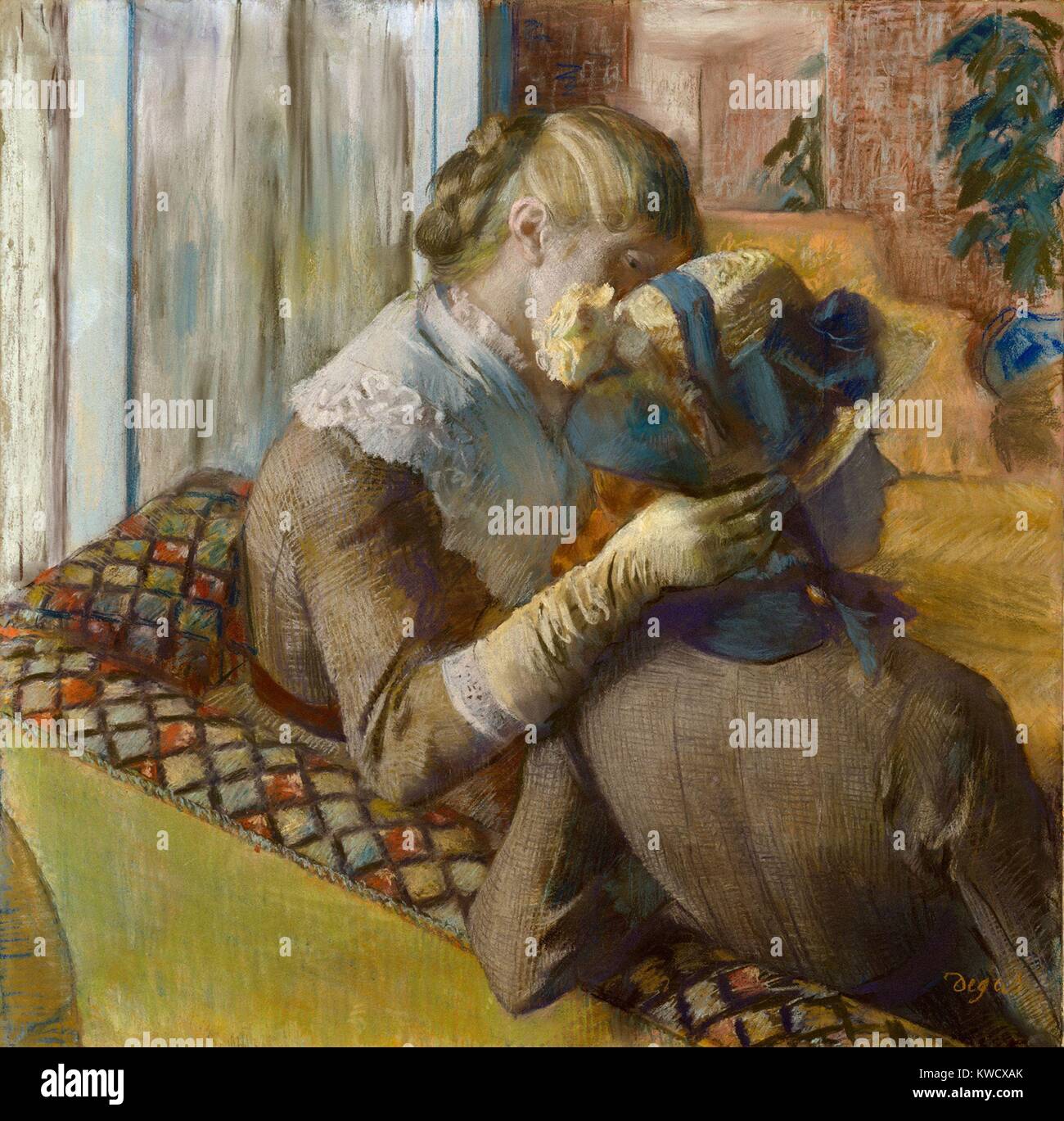 An den Modistinnen, von Edgar Degas, 1881, französischer Impressionisten zeichnen, Pastell auf Papier. Zwei Frauen Kunden, von hinten gesehen, in einem millinery Shop (BSLOC 2017 3 115) Stockfoto