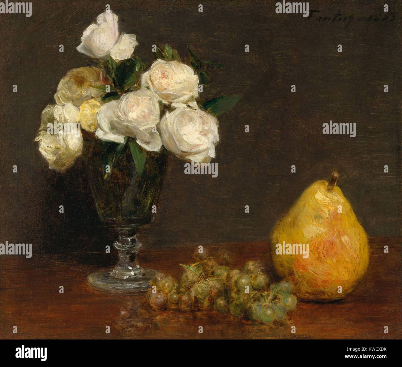 Stillleben mit Rosen und Obst, von Henri Fantin-Latour, 1863, französischer Impressionisten Öl Malerei. Fantin-Latour mit den Impressionisten verbunden, aber sein Stil blieb kompositorisch Konservative während seiner gesamten künstlerischen Karriere (BSLOC 2017 3 147) Stockfoto