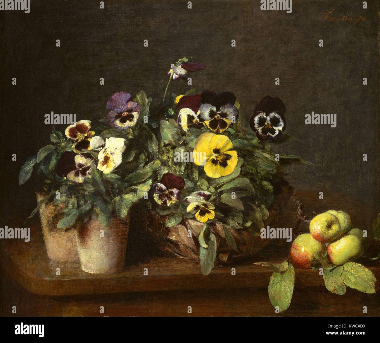 Stillleben mit Stiefmütterchen, von Henri Fantin-Latour, 1874, französischer impressionistischer Malerei, Öl auf Leinwand. Dies ist einer von 32 Gemälden, die Fantin-Latour, 1874 (BSLOC 2017 3 150) Stockfoto