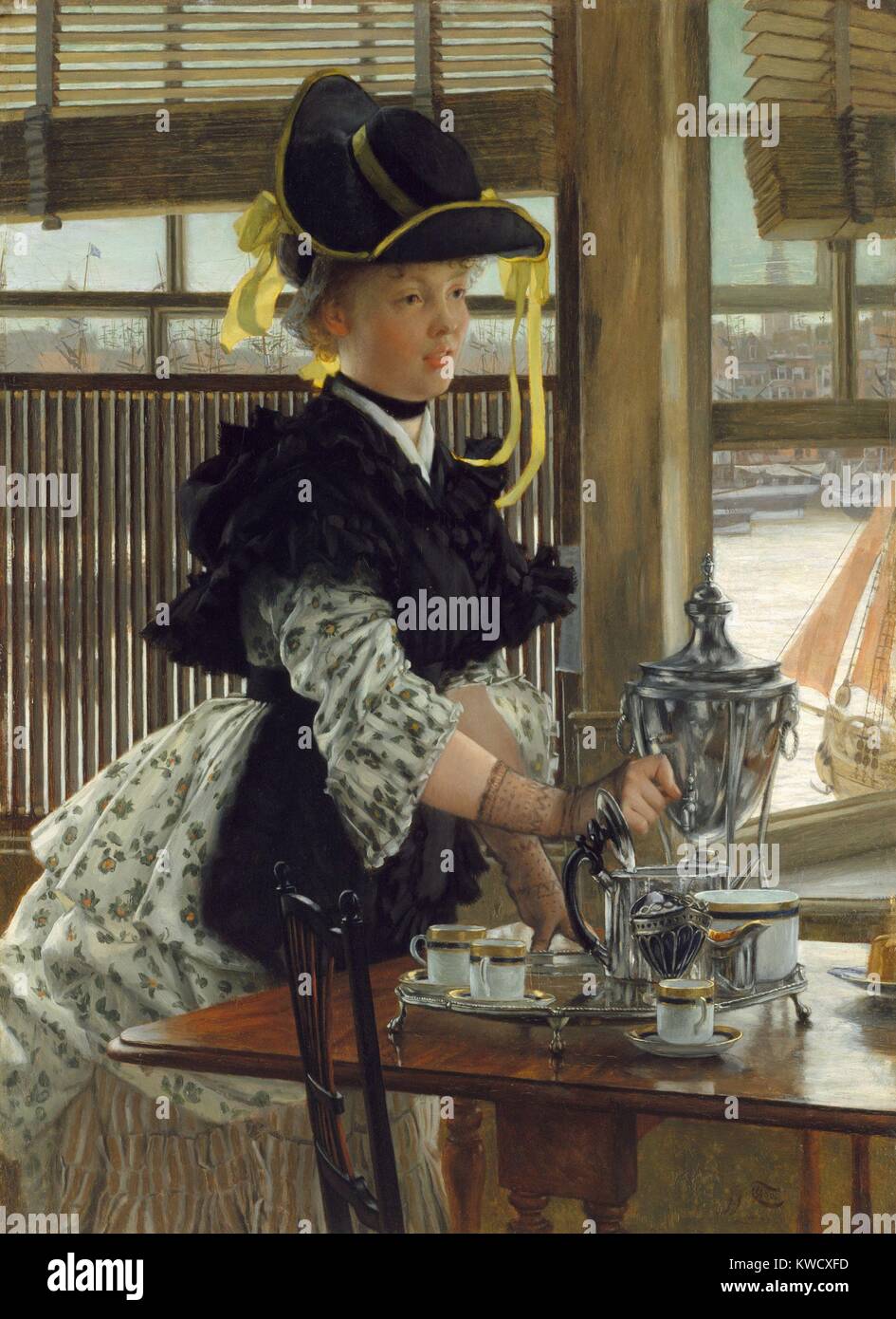 Tee, von James Tissot, 1872, Französisch Realist, impressionistisch, Malerei, Öl auf Leinwand. Tissot oft gemalt elegant Frauen in Szenen des modernen Lebens, die sehr beliebt waren, mit England, wo er in den 1870er Jahren malte gezeigt gekleidet. Hinweis das Stadtbild durch das Fenster gesehen (BSLOC 2017 3 162) Stockfoto