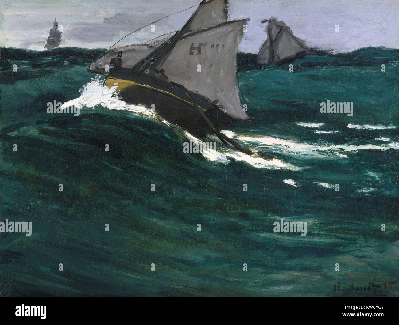 Die grüne Welle, von Claude Monet, Ca. 1866-67, französischer impressionistischer Malerei, Öl auf Leinwand. Diese Marine verwendet, um Elemente von Manets 1864 Gemälde der USS Kearsarge. Beide Gemälde beschäftigen hohe Horizonte und malerische Wellen (BSLOC 2017 3 17) Stockfoto