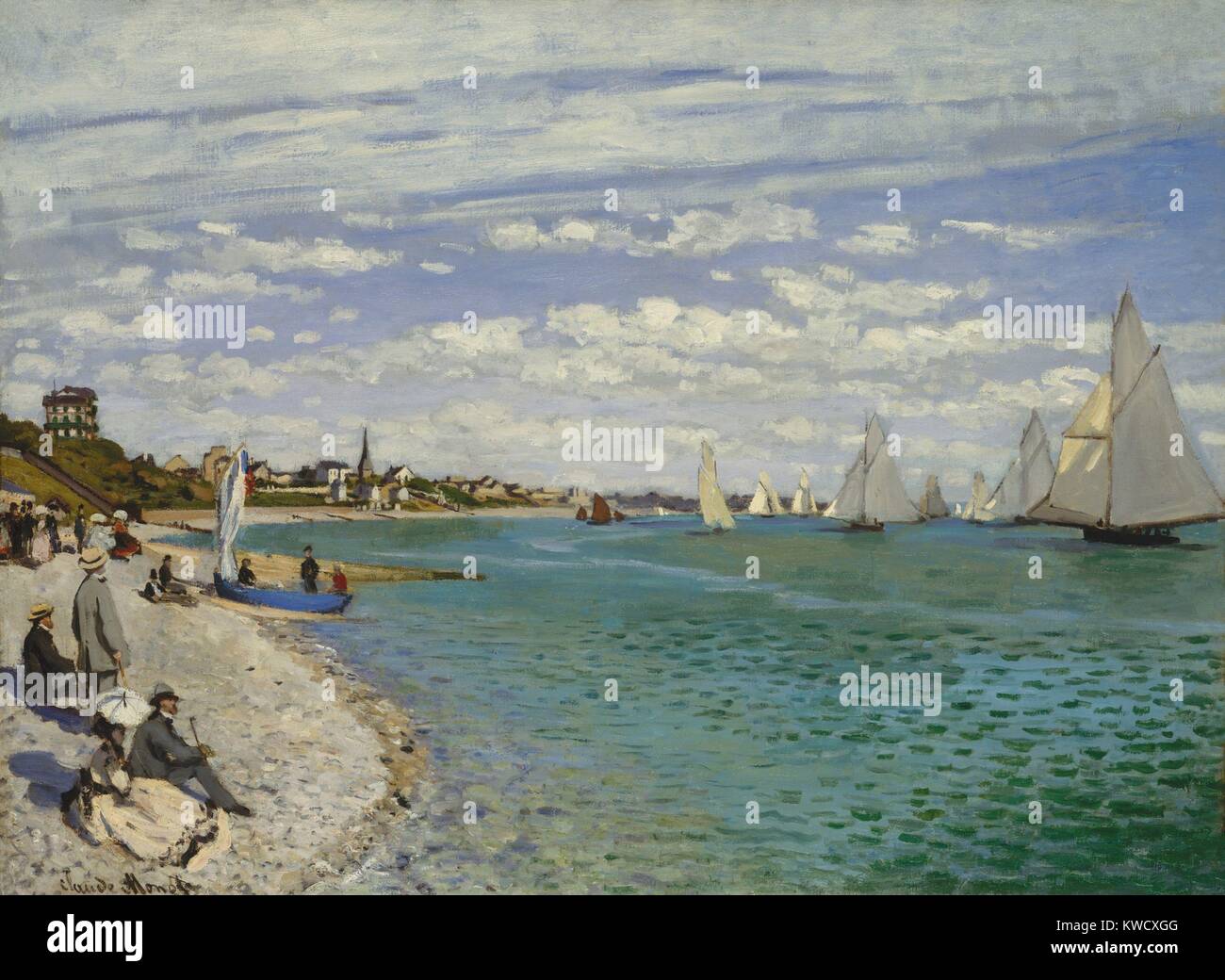 Regatta in Sainte-Adresse, von Claude Monet, 1867, französischer impressionistischer Malerei, Öl auf Leinwand. Es zeigt eine Segelregatta in Le Havre mit Zahlen am Strand. Der stehende Mann in einem grauen Anzug und Strohhut ist Monets Vater (BSLOC 2017 3 19) Stockfoto