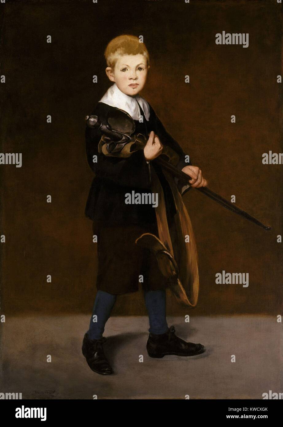 Junge mit einem Schwert, von Edouard Manet, 1861 französischer impressionistischer Malerei, Öl auf Leinwand. Manets Stiefsohn, den 10 Jahre alten Leon Koella-Leenhoff, für dieses Gemälde gestellt (BSLOC 2017 3 2) Stockfoto