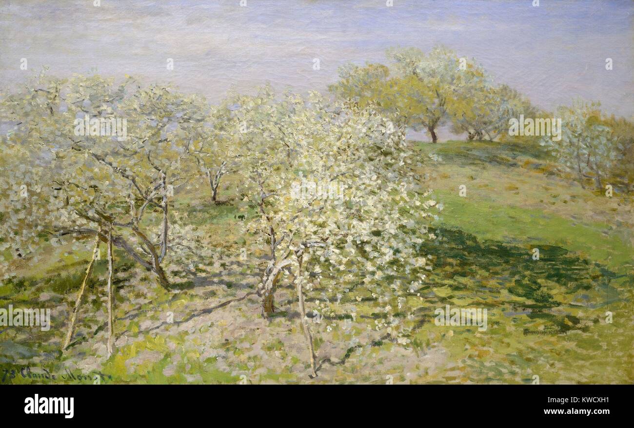 Feder (Obstbäume in voller Blüte), von Claude Monet, 1873, französischer impressionistischer Malerei, Öl auf Leinwand. Diese Arbeit wurde in der Nähe von seinem Haus in Argenteuil gemalt, auf der Seine, nordwestlich von Paris (BSLOC 2017 3 23) Stockfoto