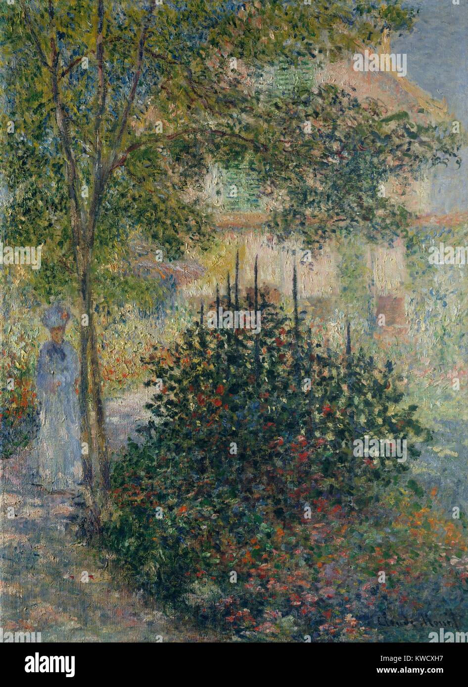Camille Monet im Garten in Argenteuil, von Claude Monet, Öl Gemälde französischer Impressionisten. Monet angewendet, um die Farbe in kleinen daubs über die gesamte Leinwand, einen Stil, der charakteristisch wurde von seinen reifen Werken (BSLOC 2017 3 25) Stockfoto