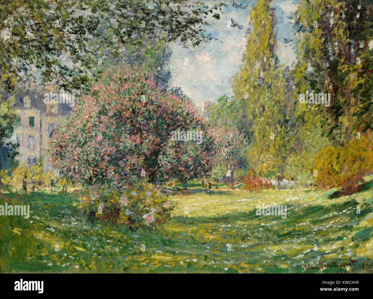 Landschaft: Der Parc Monceau, von Claude Monet, 1876, französischer impressionistischer Malerei, Öl auf Leinwand. Monet angewendet, um die Farbe in kleinen daubs über die gesamte Leinwand, einen Stil, der charakteristisch wurde von seinen reifen Werken (BSLOC 2017 3 26) Stockfoto